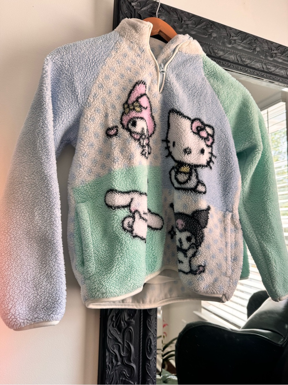 Hello kitty pullover sweater. Sanrio Plush Zip-Up Hoodie in Pastel Blue & Mint